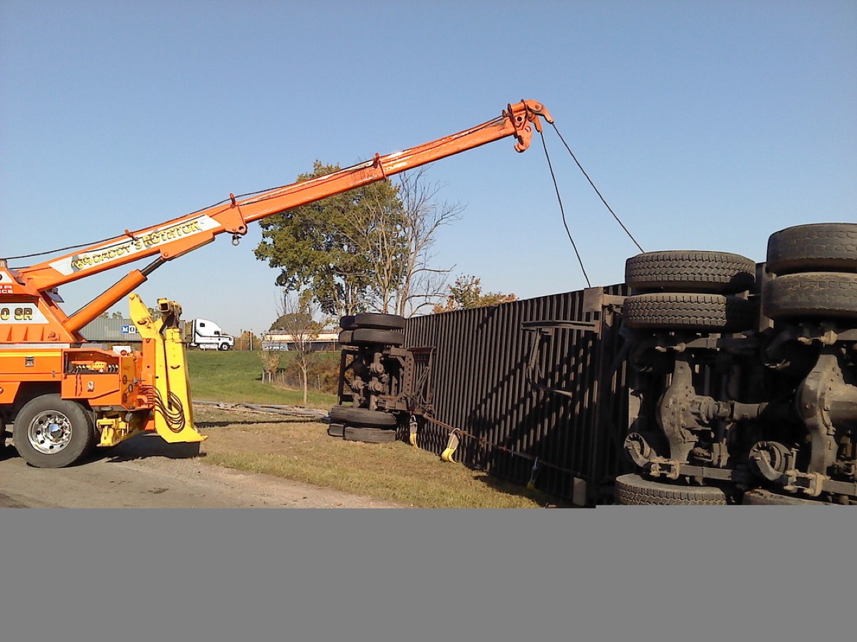 Overturned trailer being uprighted